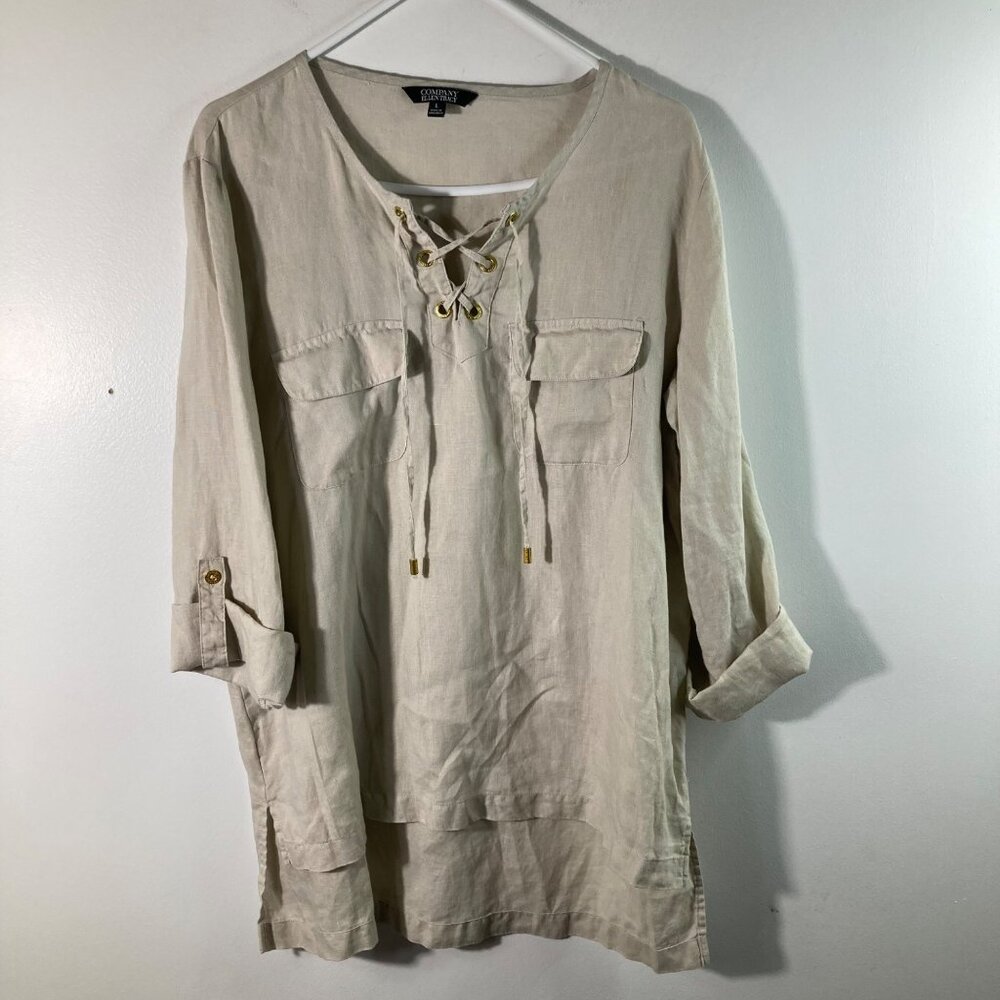 Womens Company Ellen Tracy Linen Tunic Tie V Neck Pullover Roll Sleeve L Tan‎